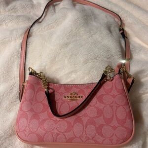 Coach Pink Signature Crossbody Shoulder Bag with Gold Hardware